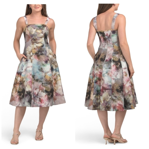 🔹️TAHARI ASL🔹️ Embellished Square Neck Cocktail Pink/gold  Dress - Picture 1 of 3